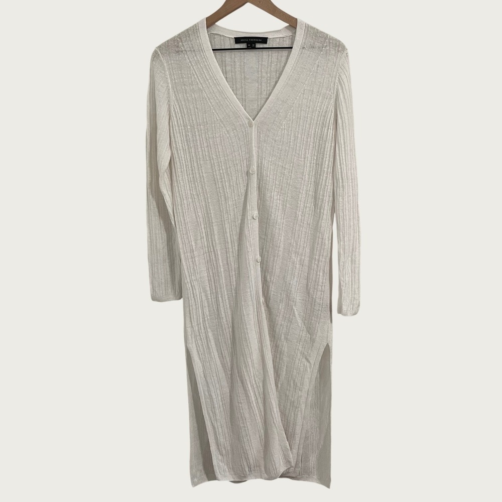 Skull Cashmere Duster Cardigan Women XS White Linen Ribbed Longline Quiet Luxury